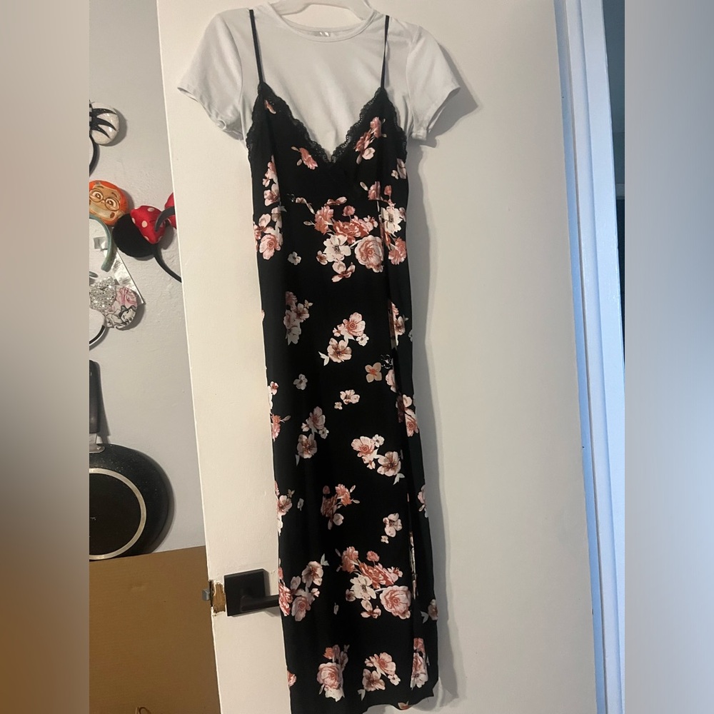 No boundaries Y2K Black Floral slit Maxi Dress NWT